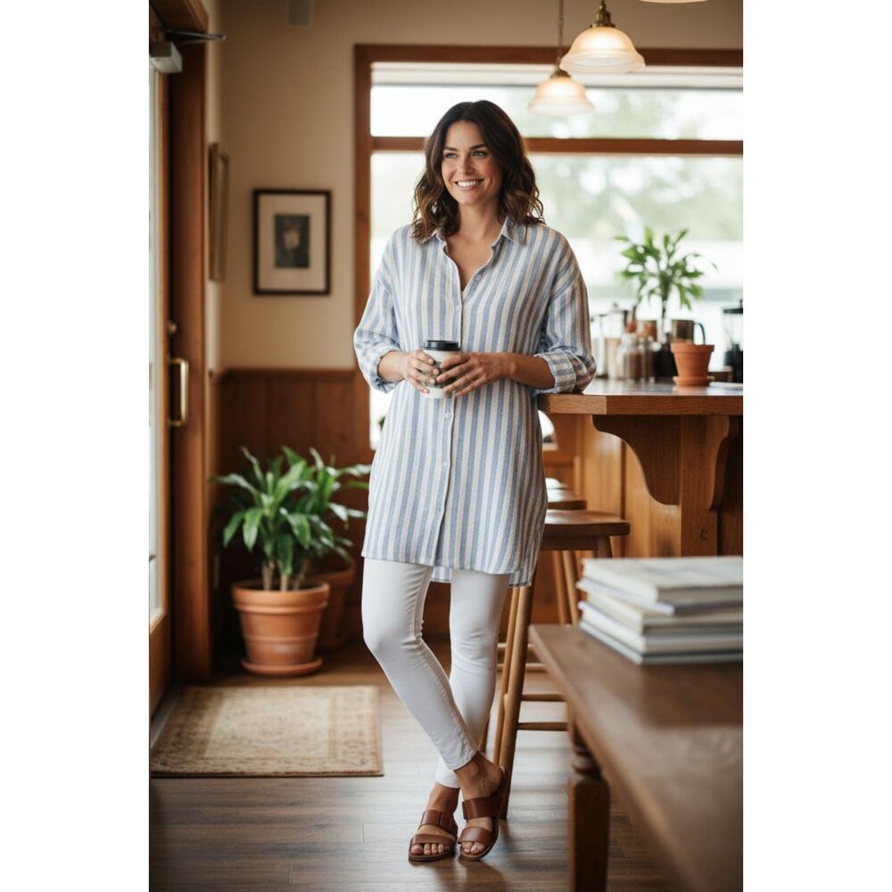 Caribbean Joe Women's Large Striped Full-Button 3/4 Sleeve Shirt Tunic